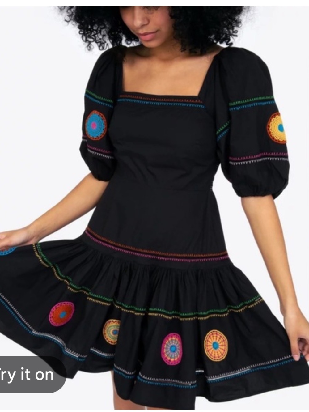 Tanya Taylor Black Mini Dress with Multicolor Embroidered Medallions
